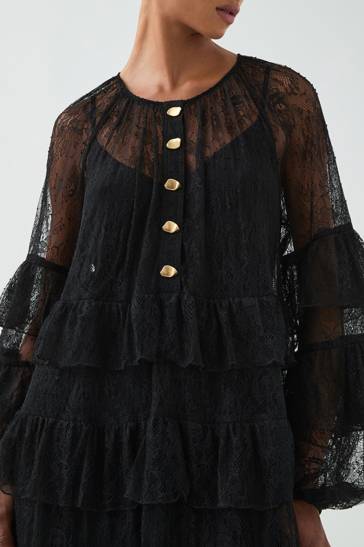 Jenfa Lace Ruffle Maxi Dress - Black