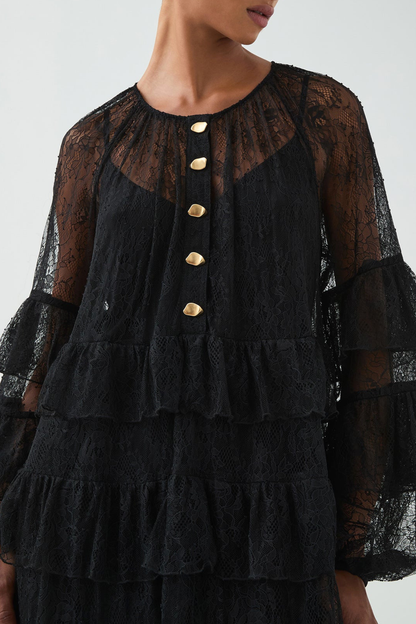 Jenfa Lace Ruffle Maxi Dress - Black