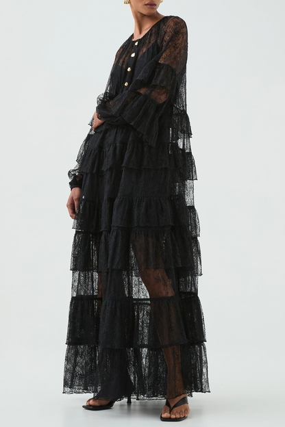 Jenfa Lace Ruffle Maxi Dress - Black