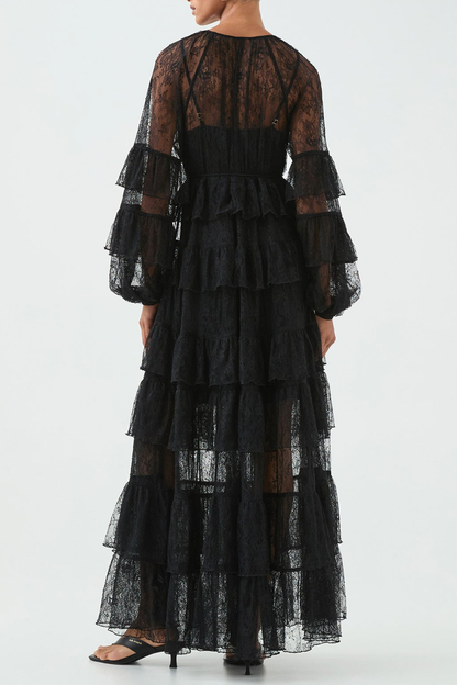 Jenfa Lace Ruffle Maxi Dress - Black