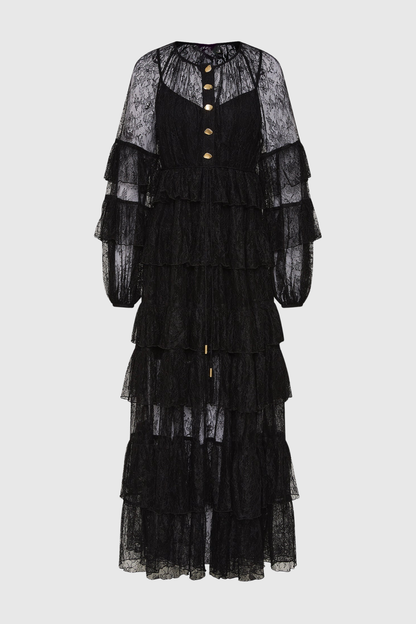 Jenfa Lace Ruffle Maxi Dress - Black