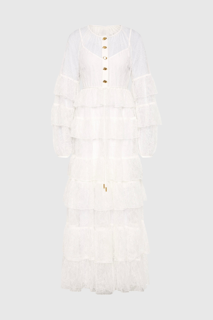 Jenfa Lace Ruffle Maxi Dress - White
