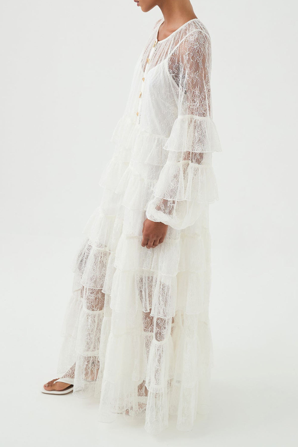 Jenfa Lace Ruffle Maxi Dress - White