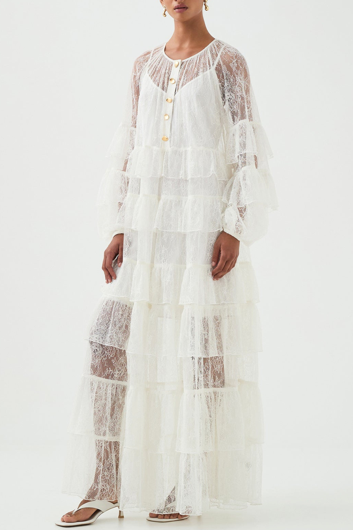 Jenfa Lace Ruffle Maxi Dress - White