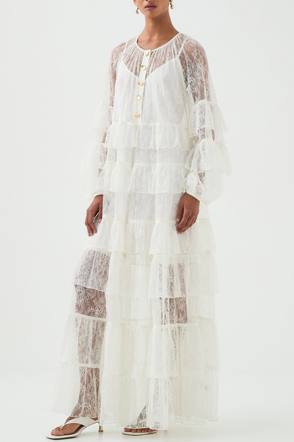 Jenfa Lace Ruffle Maxi Dress - White