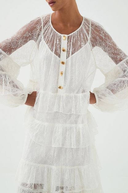 Jenfa Lace Ruffle Maxi Dress - White