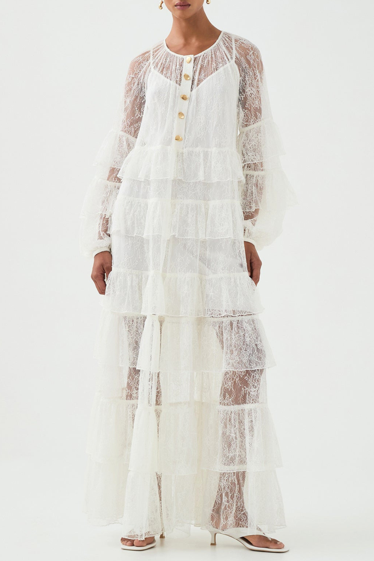 Jenfa Lace Ruffle Maxi Dress - White