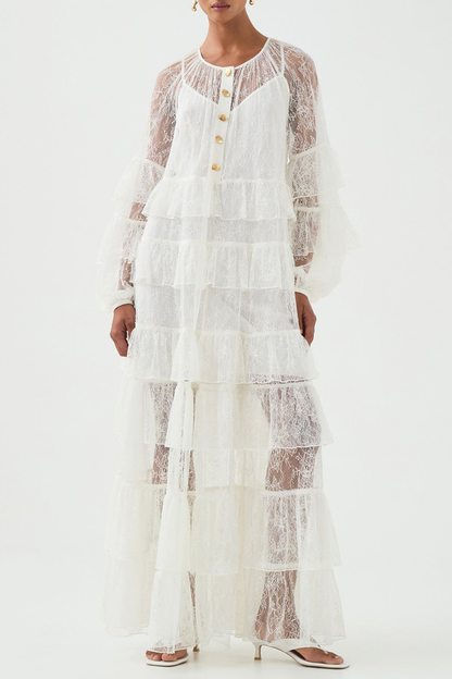 Jenfa Lace Ruffle Maxi Dress - White