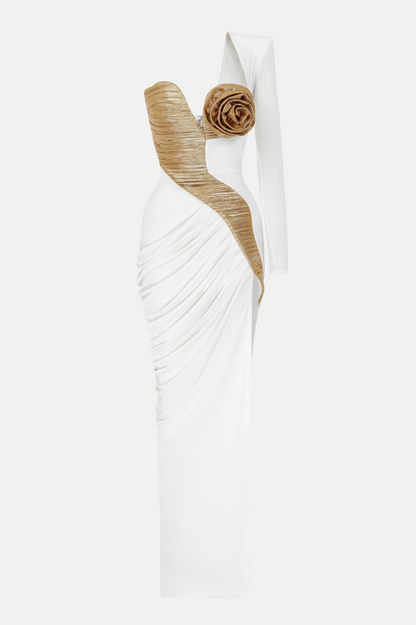 Jennifer Flower One Shoulder Ruched Maxi Dress