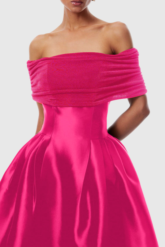 Jesiah Off Shoulder Puff Midi Dress - Hot Pink