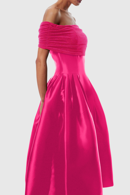 Jesiah Off Shoulder Puff Midi Dress - Hot Pink