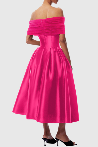 Jesiah Off Shoulder Puff Midi Dress - Hot Pink