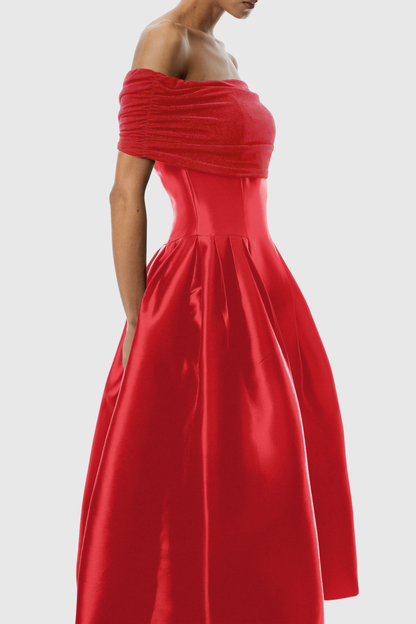 Jesiah Off Shoulder Puff Midi Dress - Red