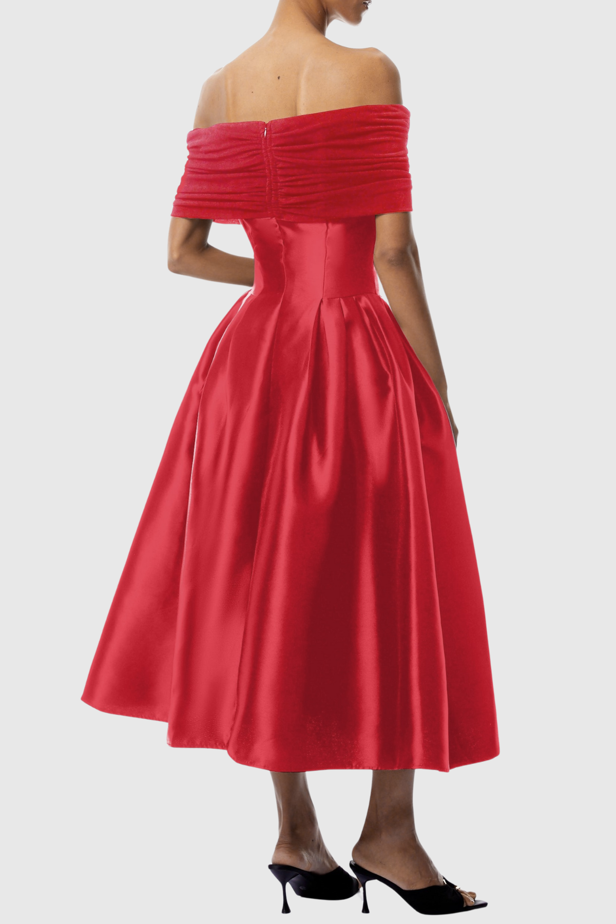 Jesiah Off Shoulder Puff Midi Dress - Red