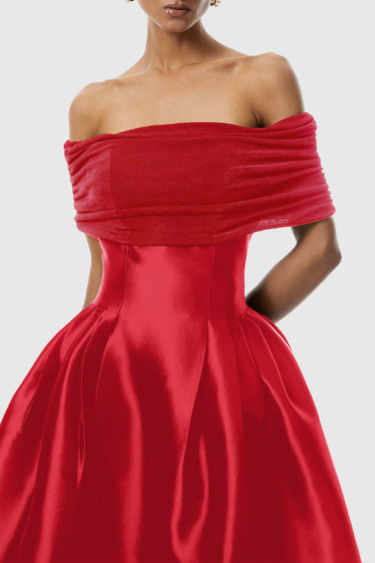 Jesiah Off Shoulder Puff Midi Dress - Red