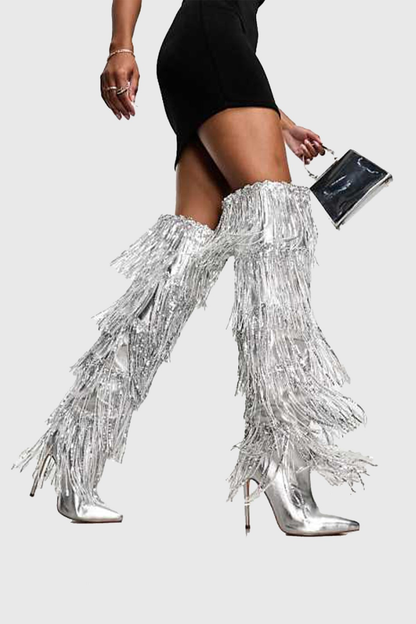 Jesiah Sequin Fringe Knee High Boots