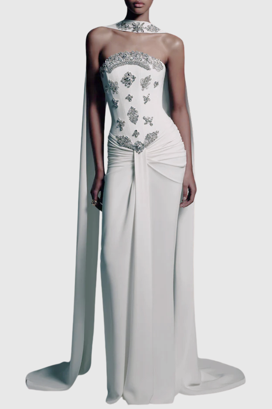 Jesson Strapless Crystal Scarf Maxi Dress