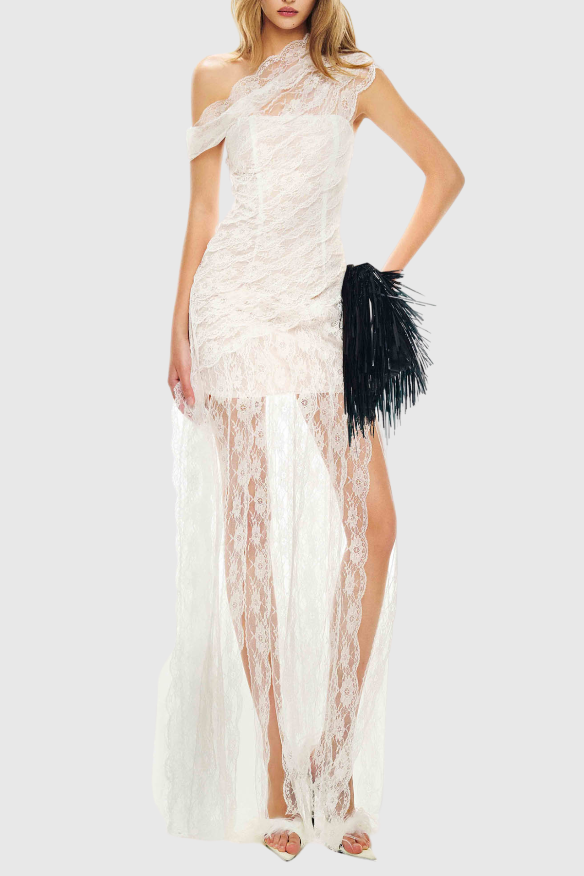 Jessya Off Shoulder Asymmetric Lace Maxi Dress