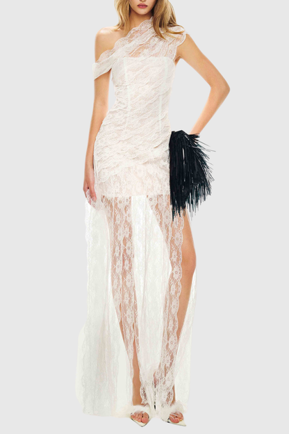 Jessya Off Shoulder Asymmetric Lace Maxi Dress