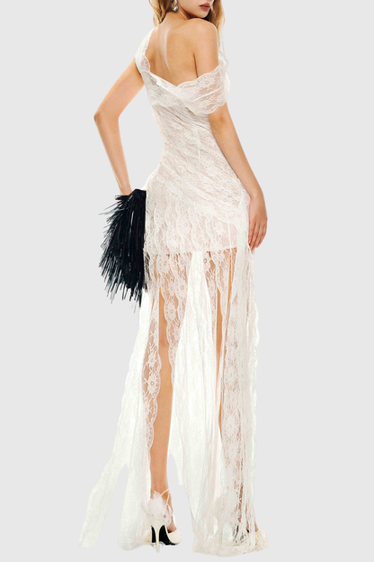 Jessya Off Shoulder Asymmetric Lace Maxi Dress