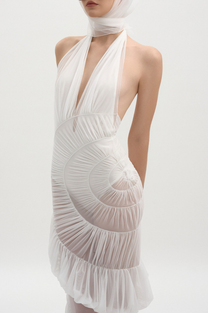 Jethro Halter Ruffle Ruched Sheer Maxi Dress