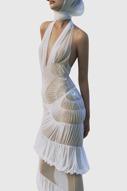 Jethro Halter Ruffle Ruched Sheer Maxi Dress