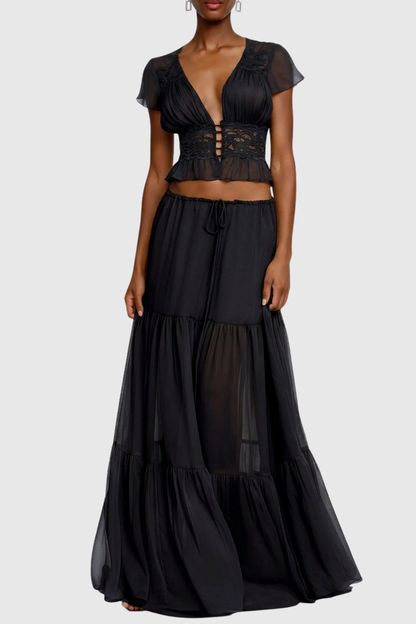 Jettya Lace Ruffle Top & Maxi Skirt Set - Black