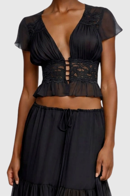 Jettya Lace Ruffle Top & Maxi Skirt Set - Black