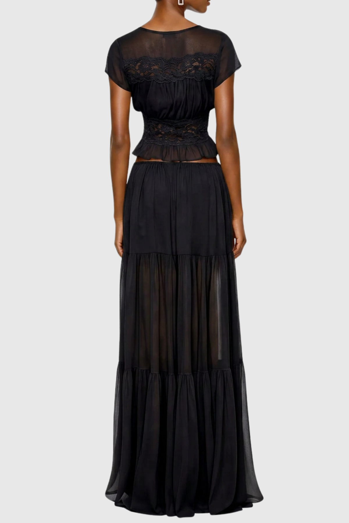 Jettya Lace Ruffle Top & Maxi Skirt Set - Black