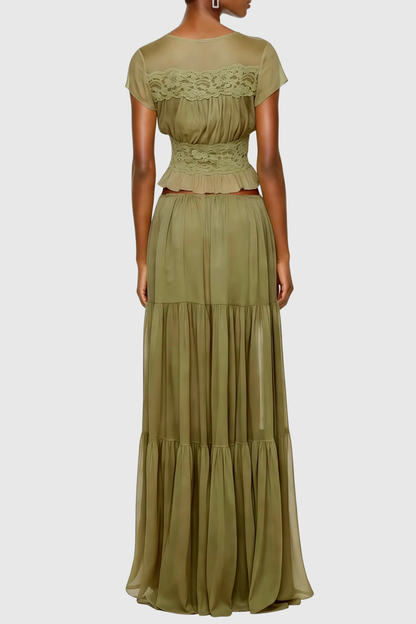 Jettya Lace Ruffle Top & Maxi Skirt Set - Green