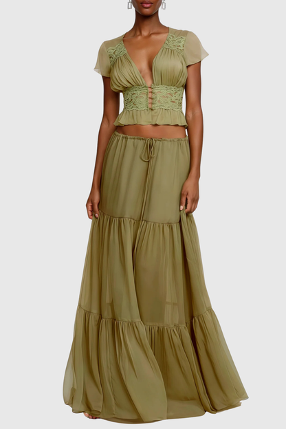 Jettya Lace Ruffle Top & Maxi Skirt Set - Green