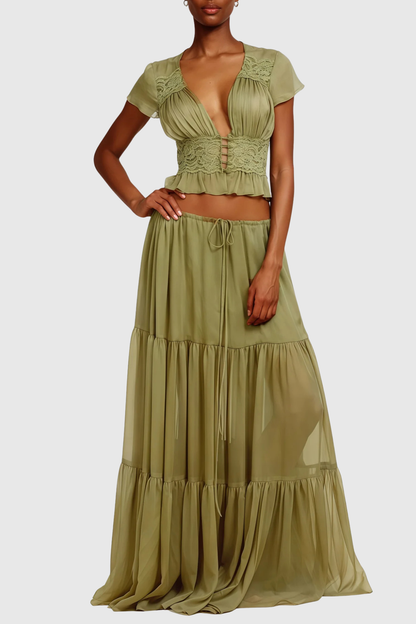 Jettya Lace Ruffle Top & Maxi Skirt Set - Green