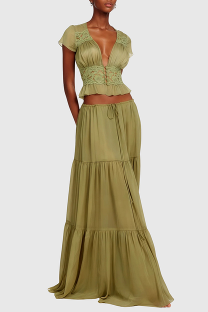 Jettya Lace Ruffle Top & Maxi Skirt Set - Green