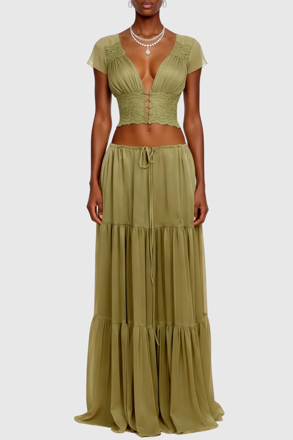 Jettya Lace Ruffle Top & Maxi Skirt Set - Green