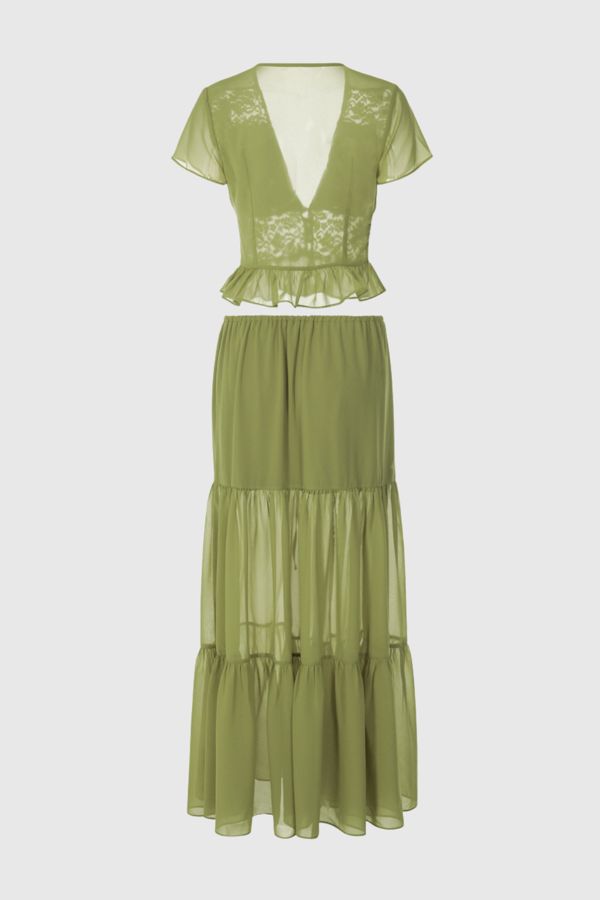 Jettya Lace Ruffle Top & Maxi Skirt Set - Green