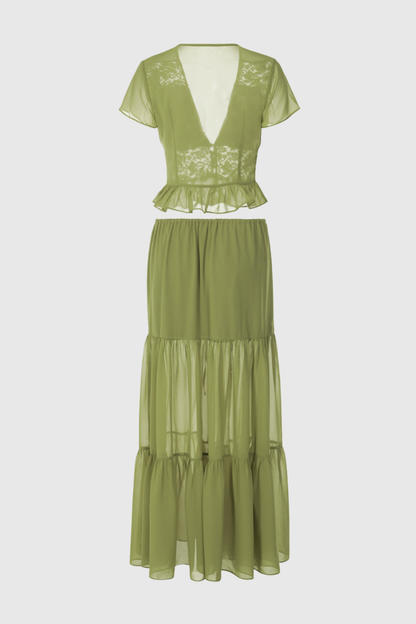 Jettya Lace Ruffle Top & Maxi Skirt Set - Green