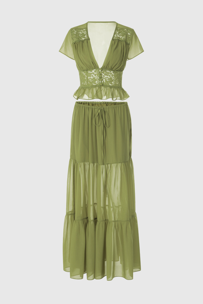 Jettya Lace Ruffle Top & Maxi Skirt Set - Green