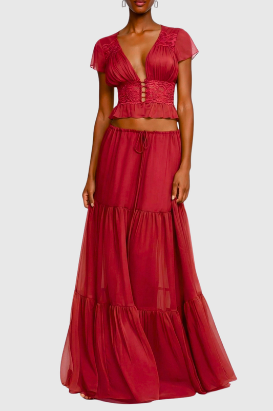 Jettya Lace Ruffle Top & Maxi Skirt Set - Red
