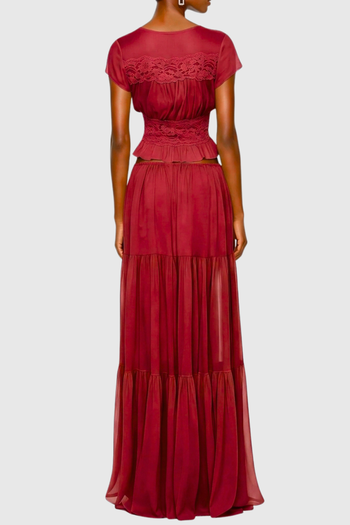 Jettya Lace Ruffle Top & Maxi Skirt Set - Red