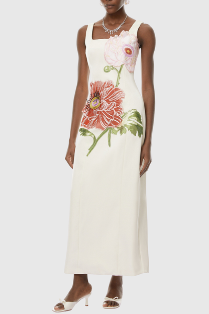Jireh Floral Embroidery Maxi Dress - Beige