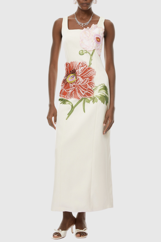 Jireh Floral Embroidery Maxi Dress - Beige