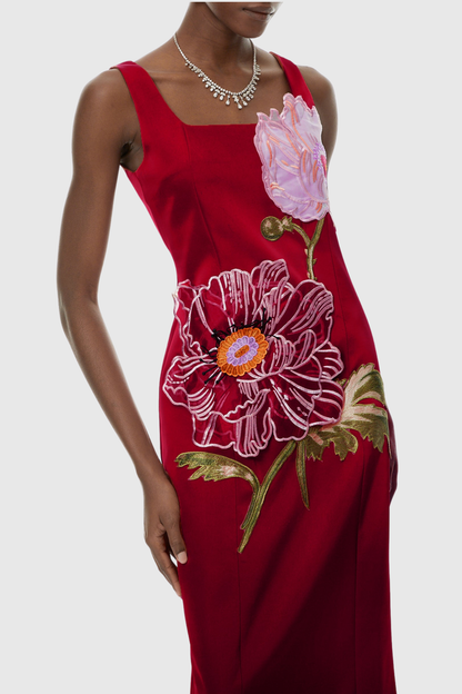 Jireh Floral Embroidery Maxi Dress - Red