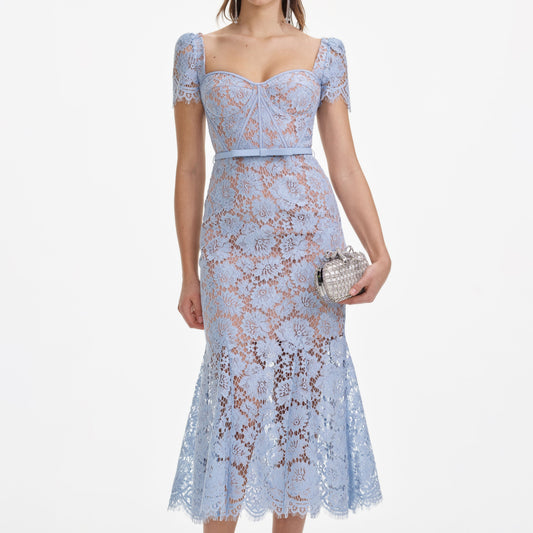 Josef Lace Bow Belted Midi Dress - Blue
