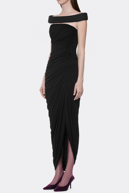 Josefina Off Shoulder Ruched Midi Dress - Black