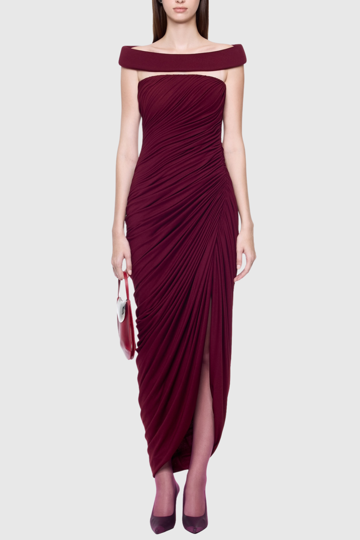 Josefina Off Shoulder Ruched Midi Dress - Wine