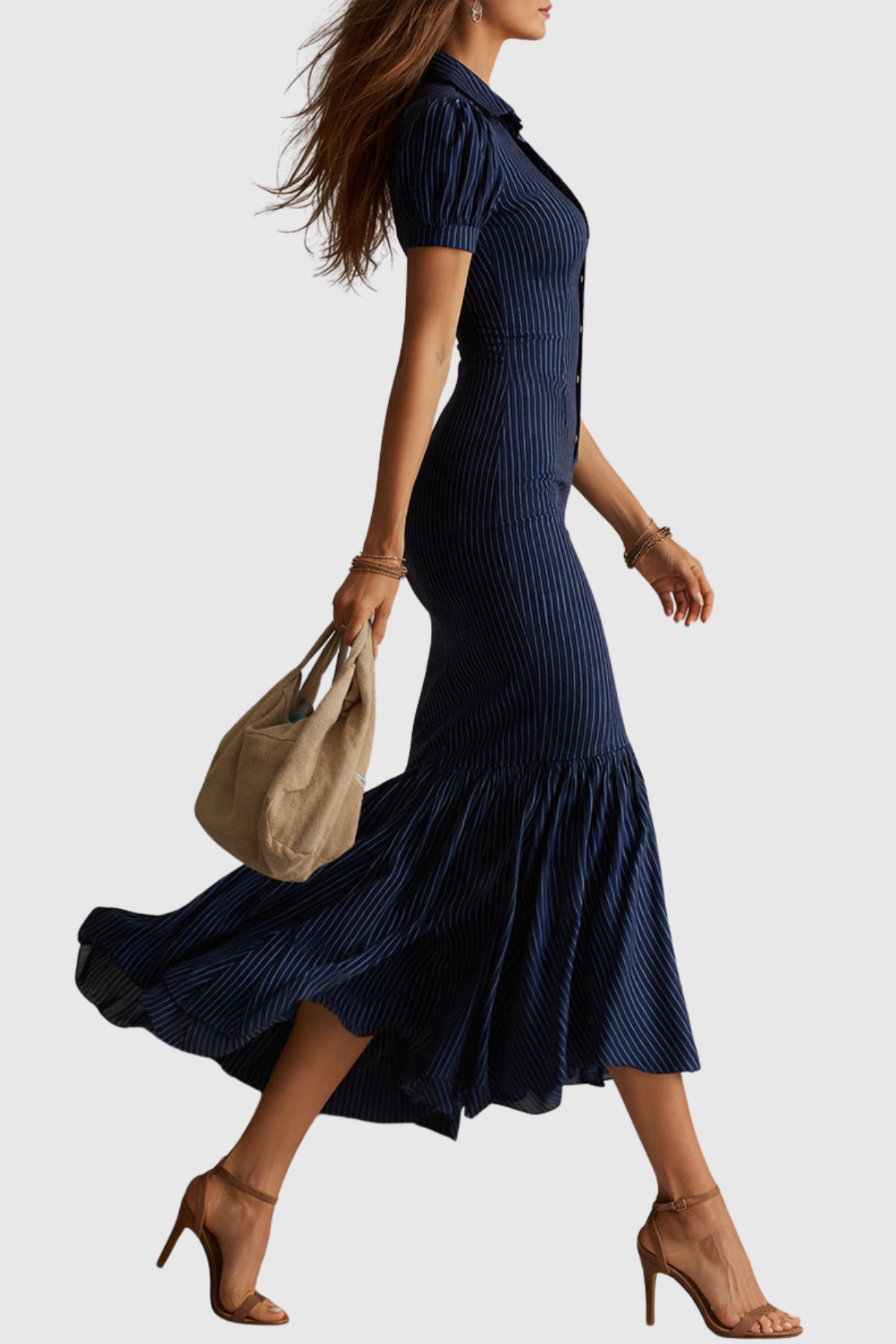 Josette Stripe Pleated Midi Dress - Blue