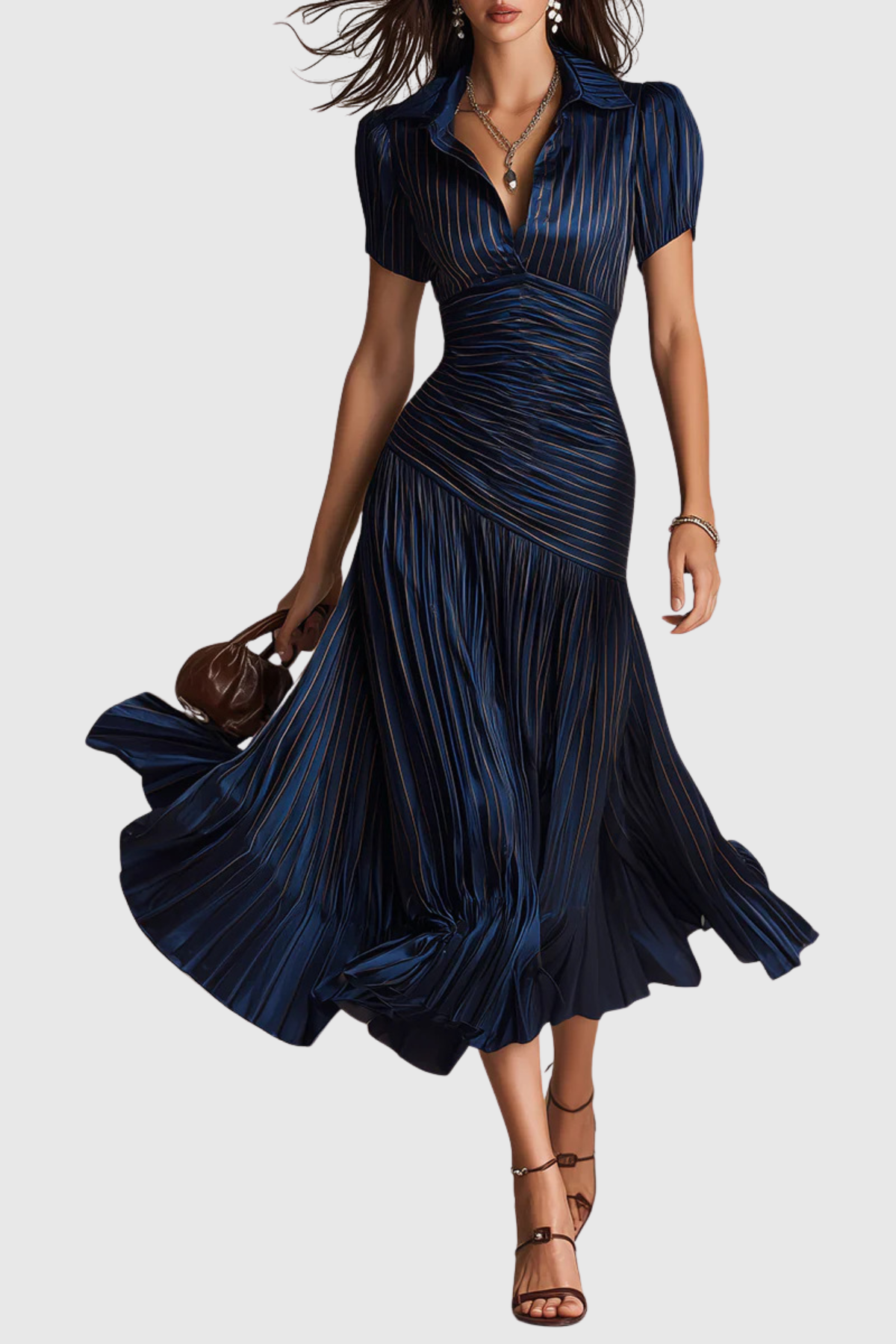 Josette Stripe Pleated Midi Dress - Blue