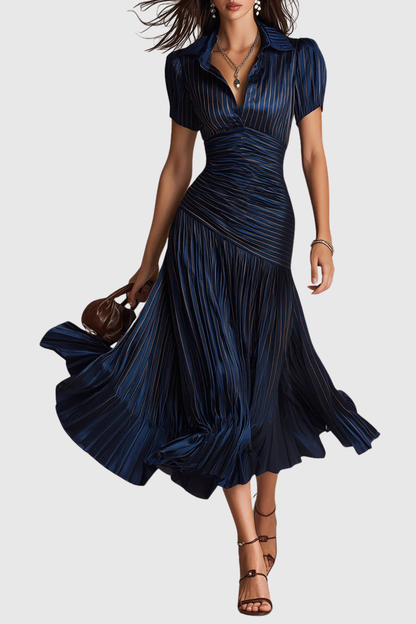 Josette Stripe Pleated Midi Dress - Blue