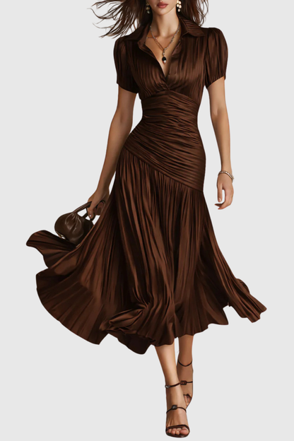 Josette Stripe Pleated Midi Dress - Brown