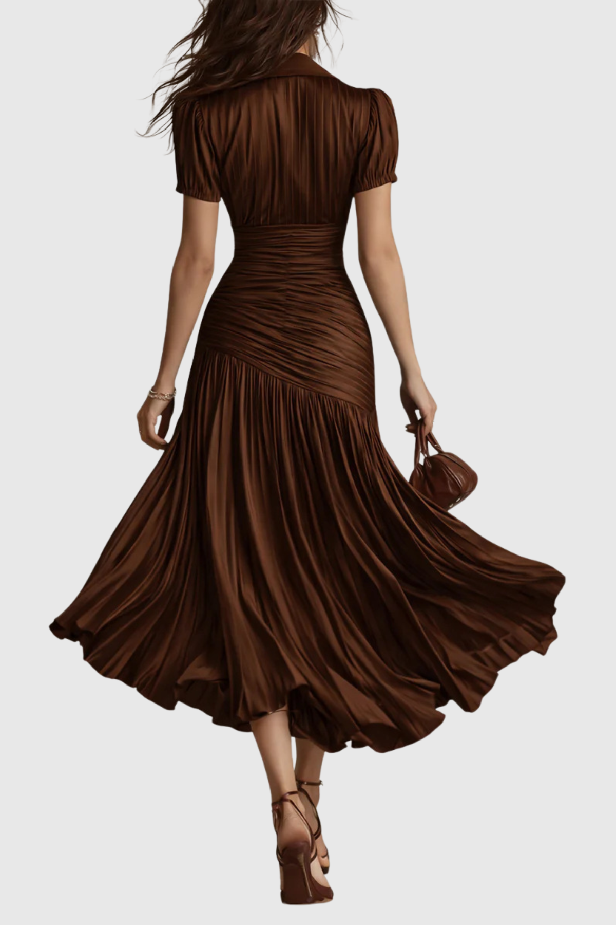 Josette Stripe Pleated Midi Dress - Brown